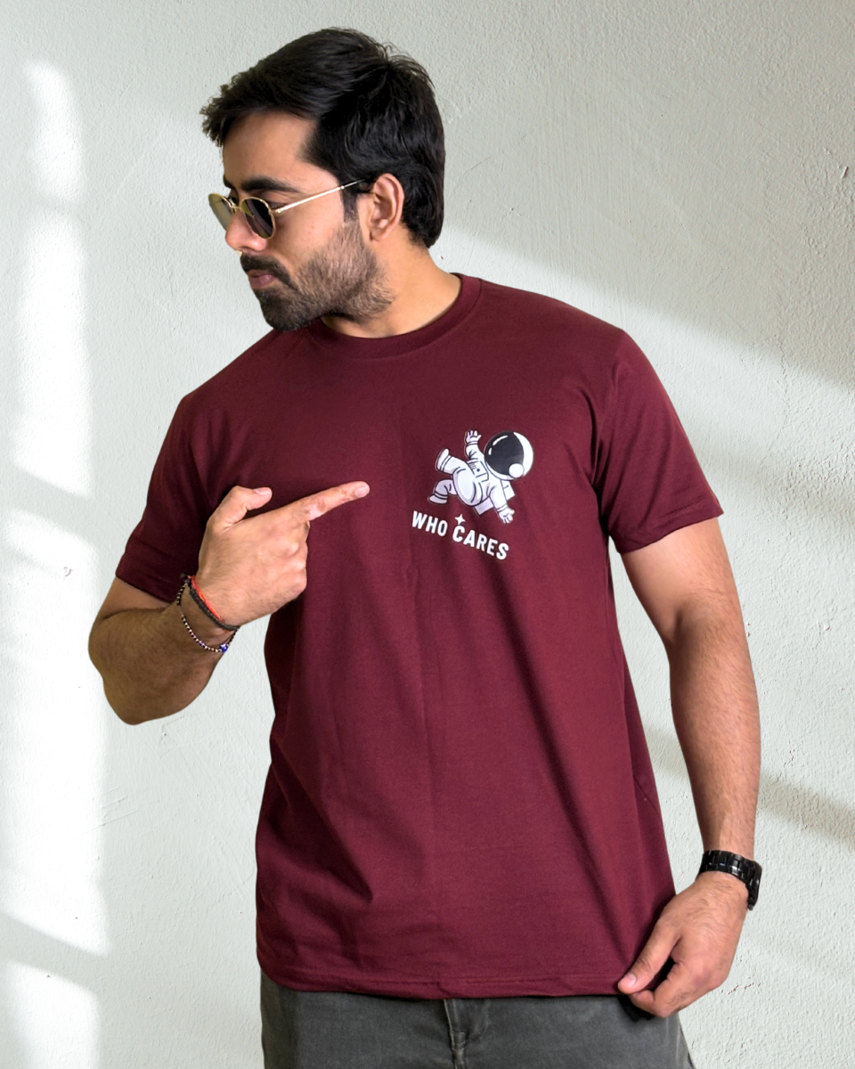 Men's Maroon Who Cares Graphic Printed T-Shirt