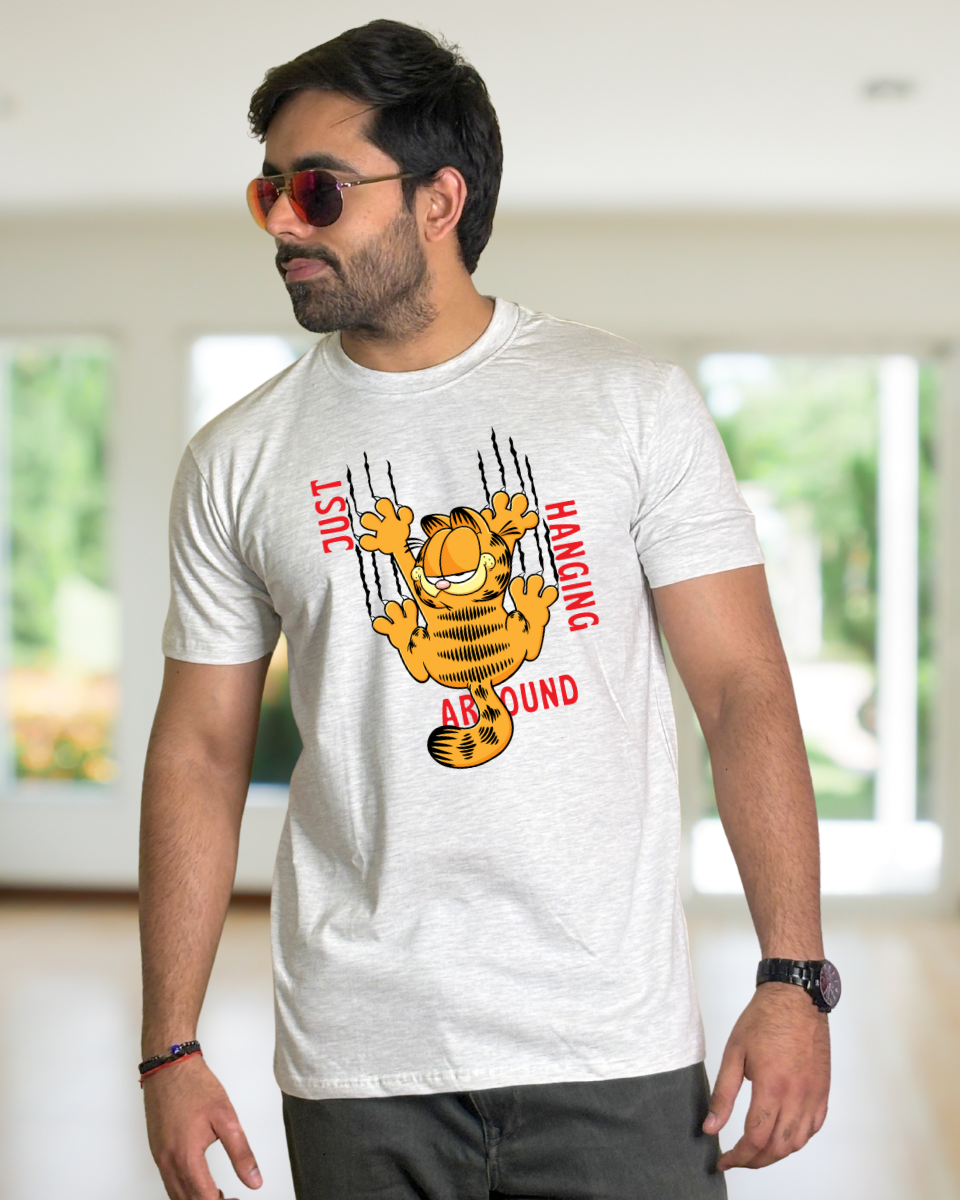 Men's Melange White Garfield Just Hanging Around Graphic Printed T-Shirt
