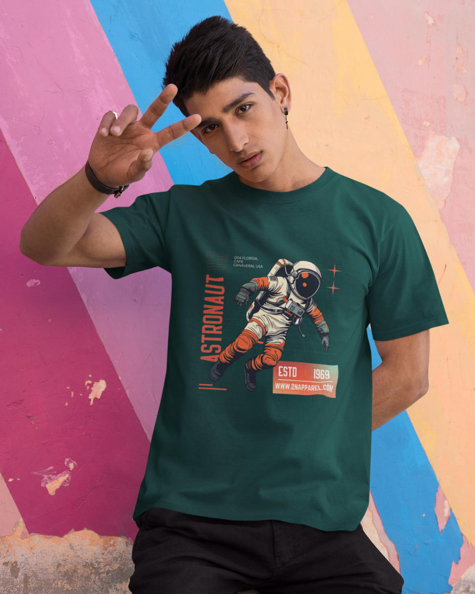 Men's Dark Green Astronaut Graphic Printed T-Shirt
