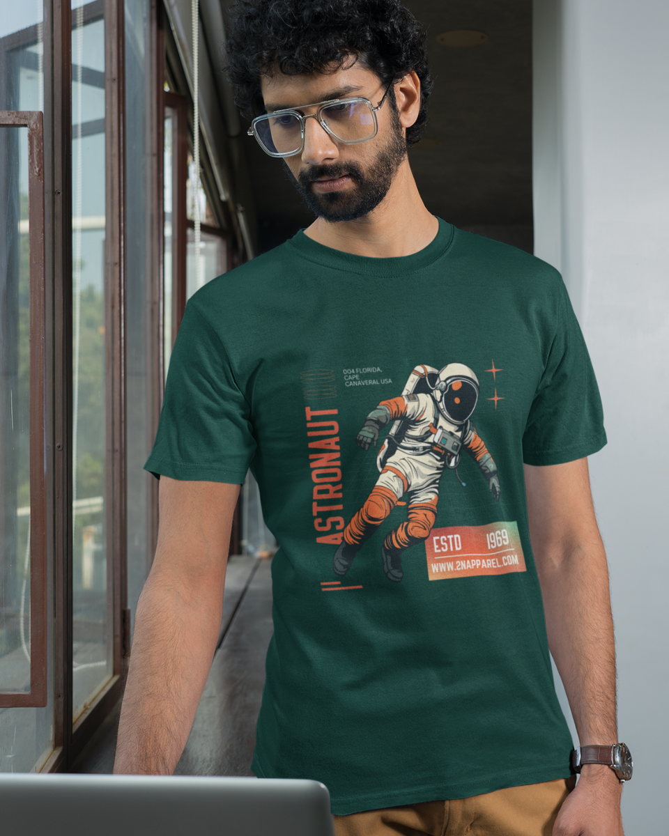 Men's Dark Green Astronaut Graphic Printed T-Shirt