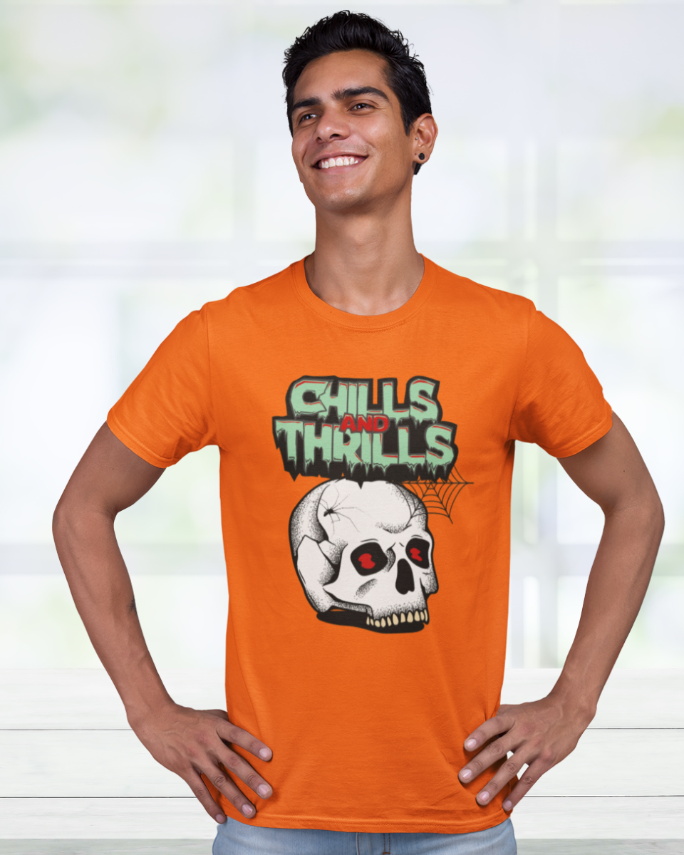 Men's Orange Chills & Thrills Skull Graphic Printed T-Shirt