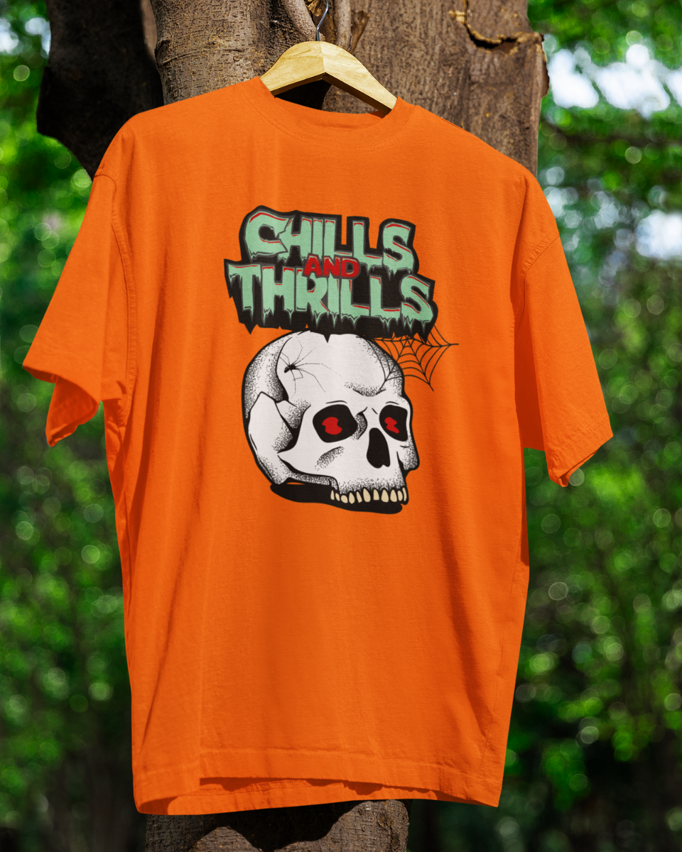 Men's Orange Chills & Thrills Skull Graphic Printed T-Shirt