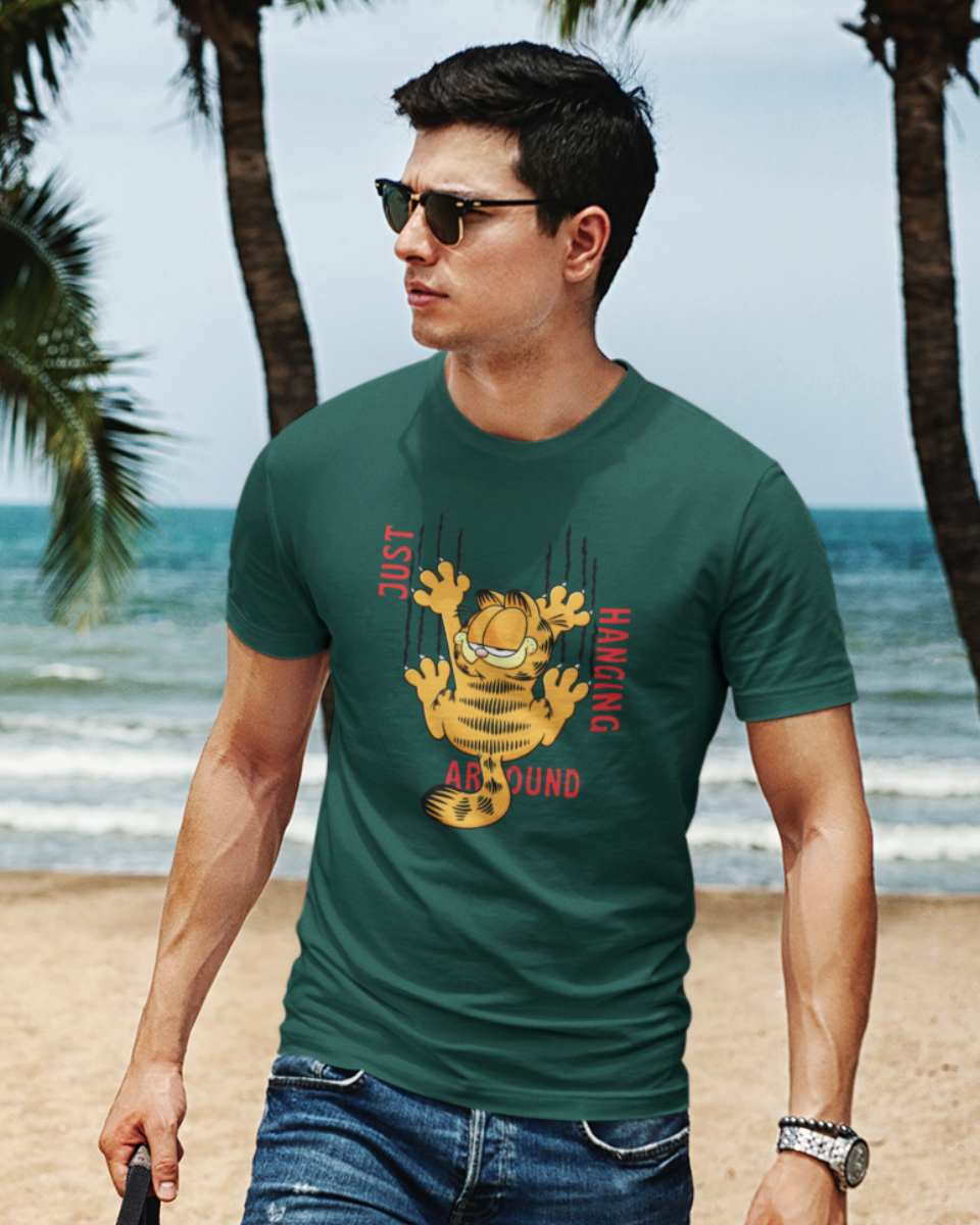 Men's Green Garfield Just Hanging Around Graphic Printed T-Shirt