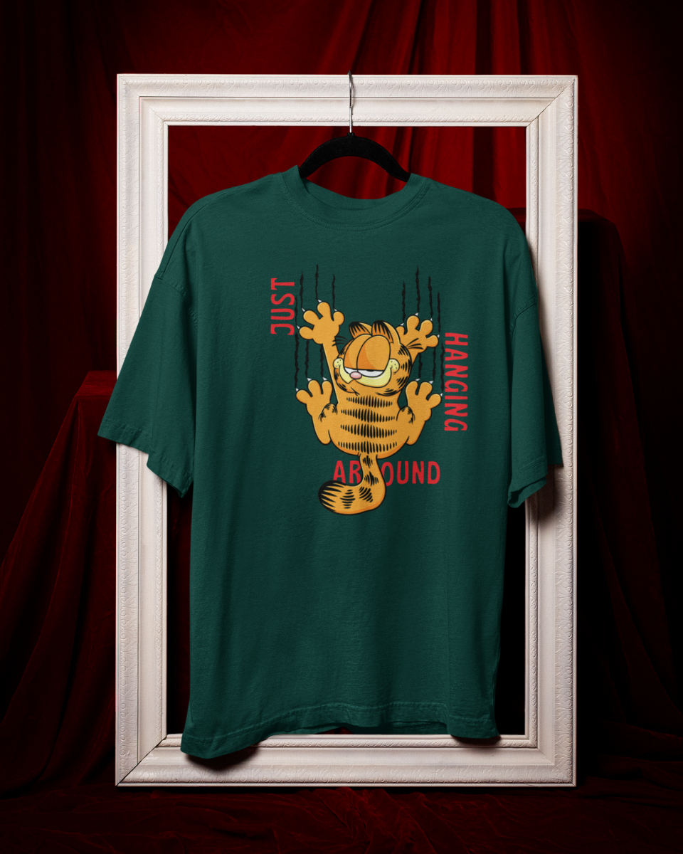 Men's Green Garfield Just Hanging Around Graphic Printed T-Shirt