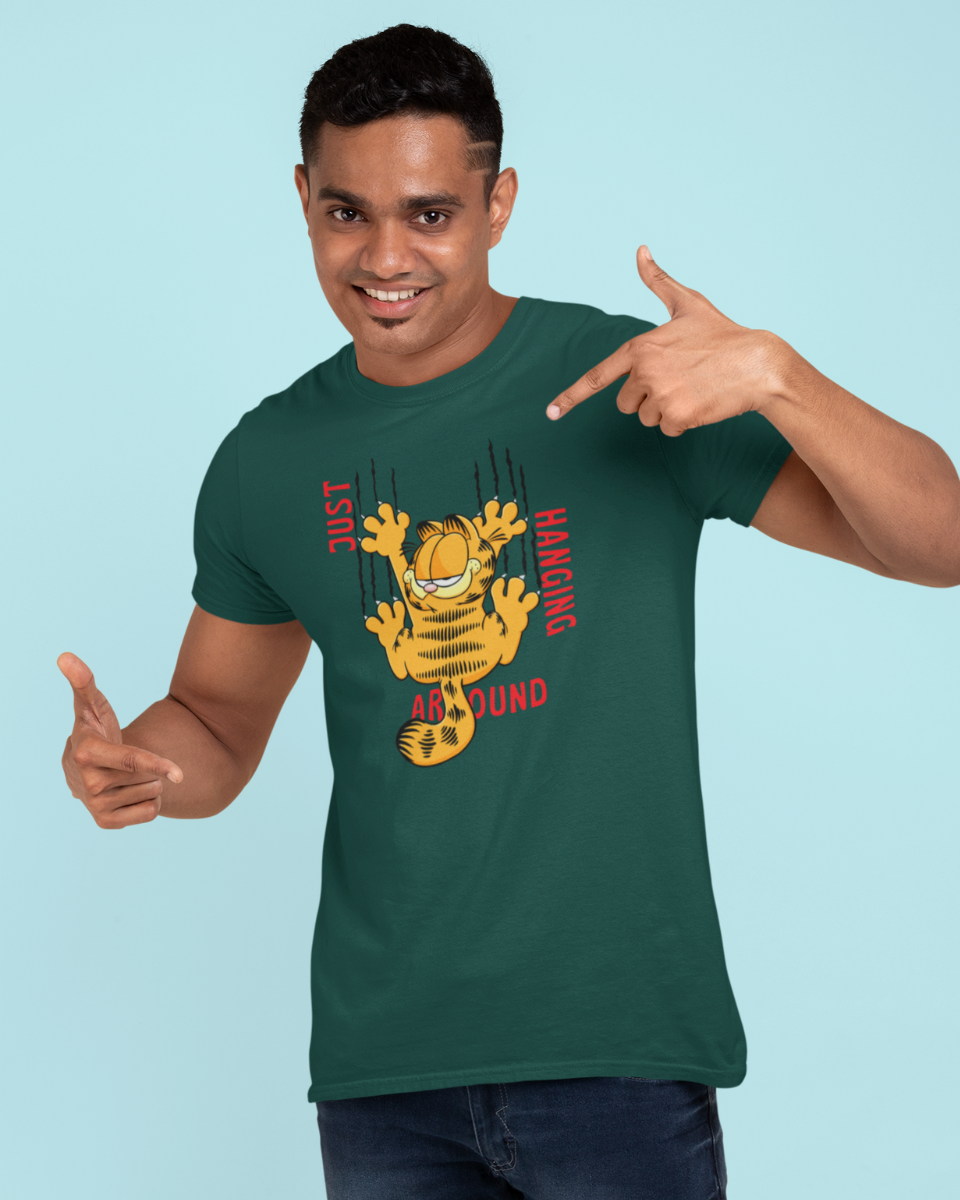 Men's Green Garfield Just Hanging Around Graphic Printed T-Shirt