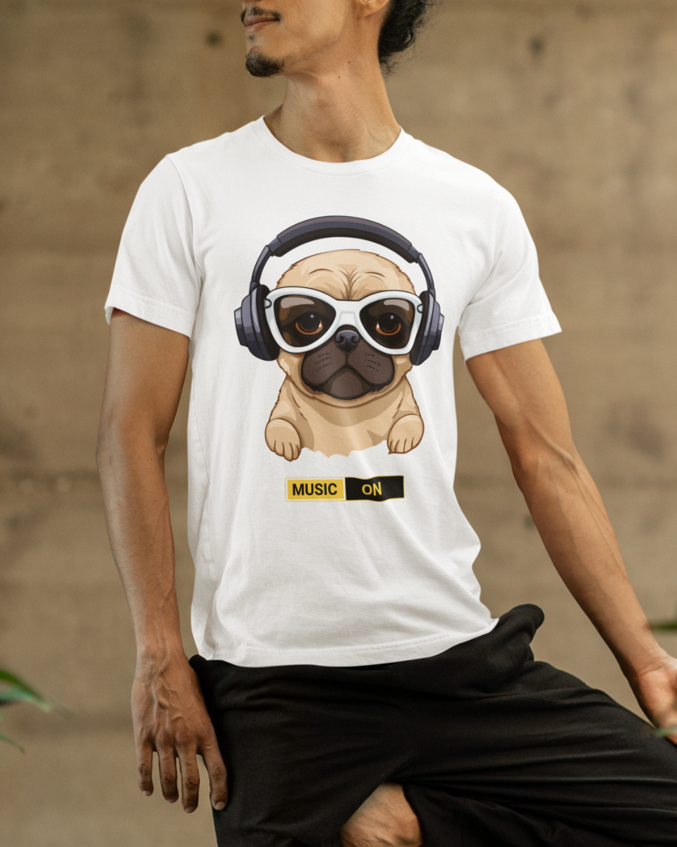 Men's White Music ON Graphic Printed T-Shirt