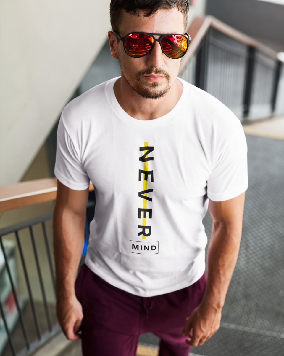 Men's White Never Mind Graphic Printed T-Shirt, 2N APPAREL