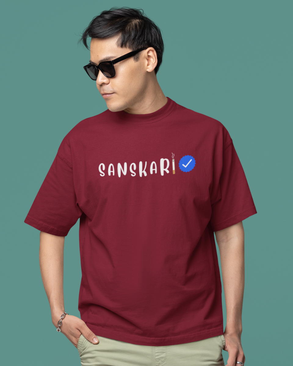 Men's Maroon Sanskari Graphic Oversized T-Shirt