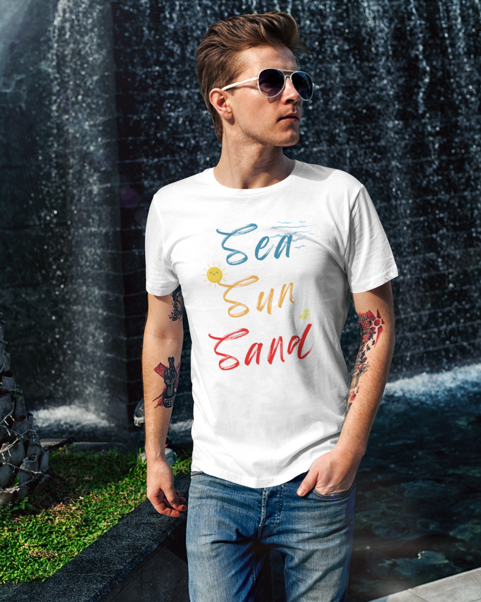 Men's White Sea Sun Sand Graphic Printed T-Shirt