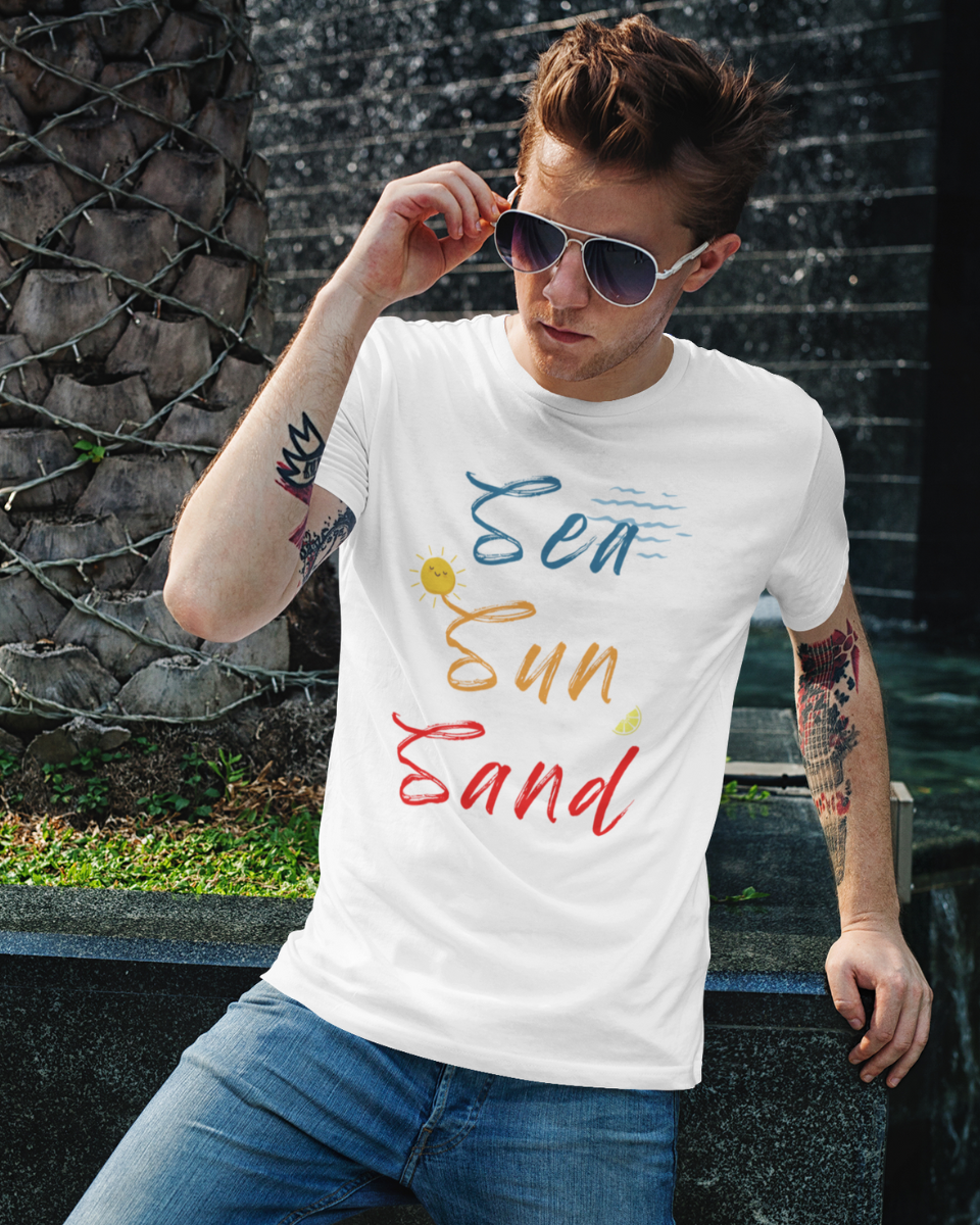 Men's White Sea Sun Sand Graphic Printed T-Shirt
