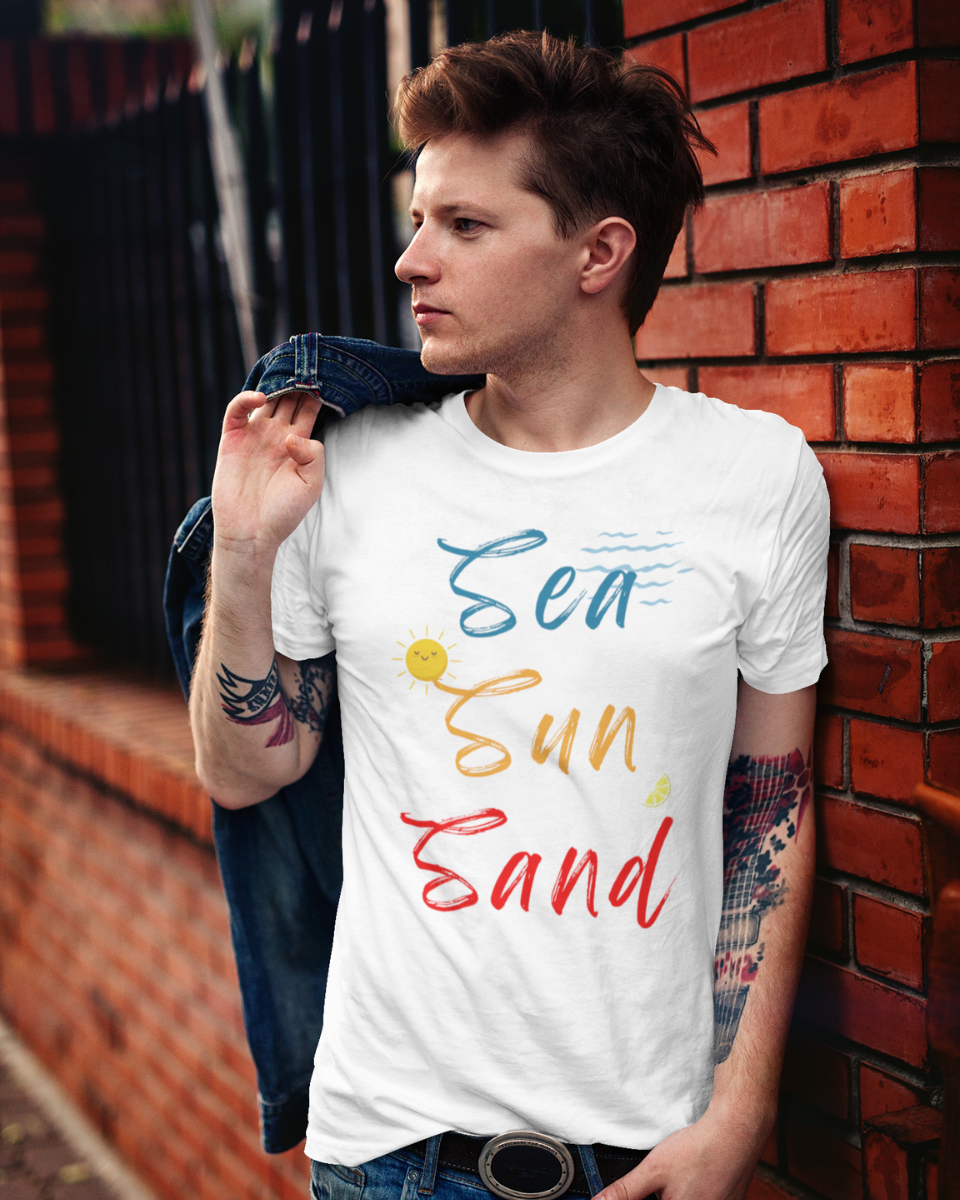 Men's White Sea Sun Sand Graphic Printed T-Shirt
