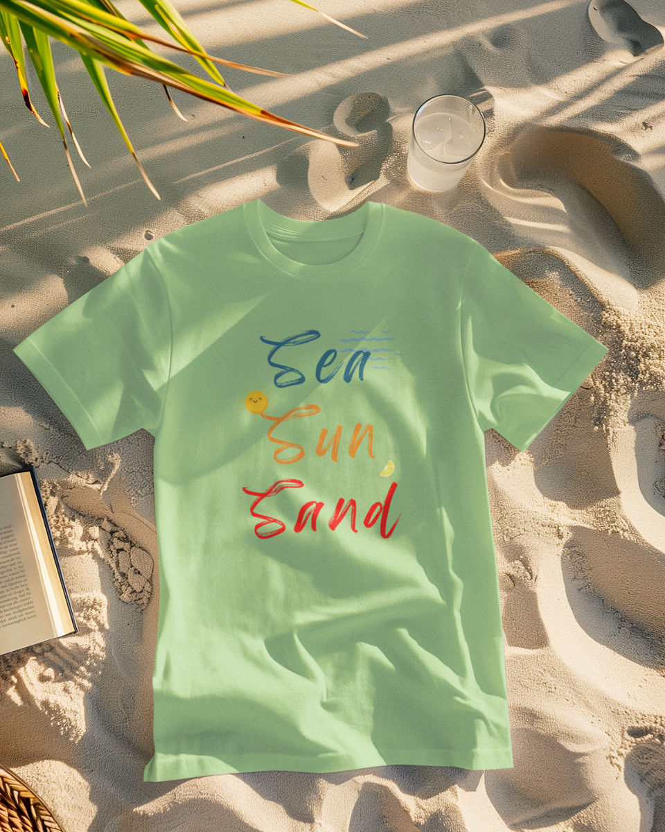 Men's Light Green Sea Sun Sand Graphic Printed T-Shirt