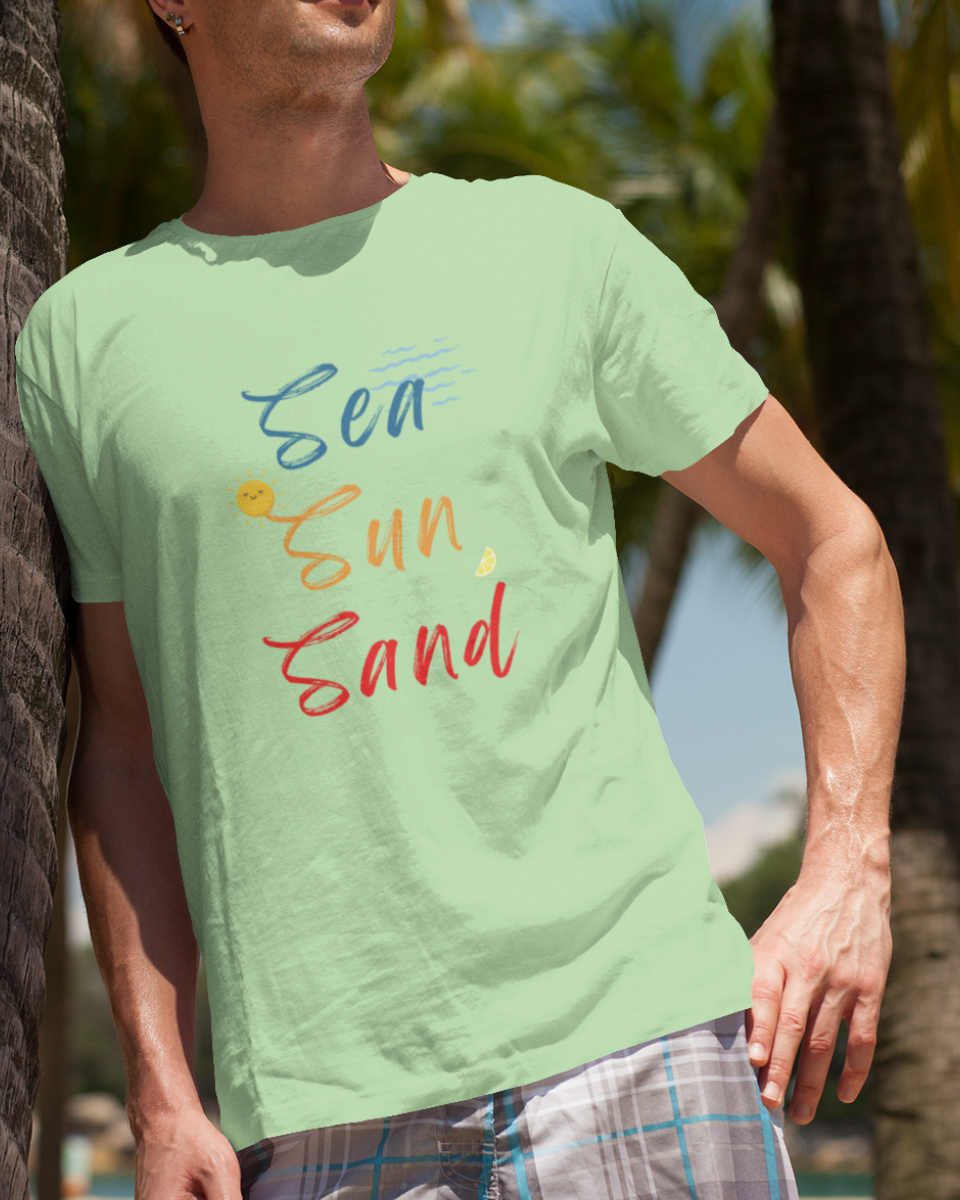 Men's Light Green Sea Sun Sand Graphic Printed T-Shirt
