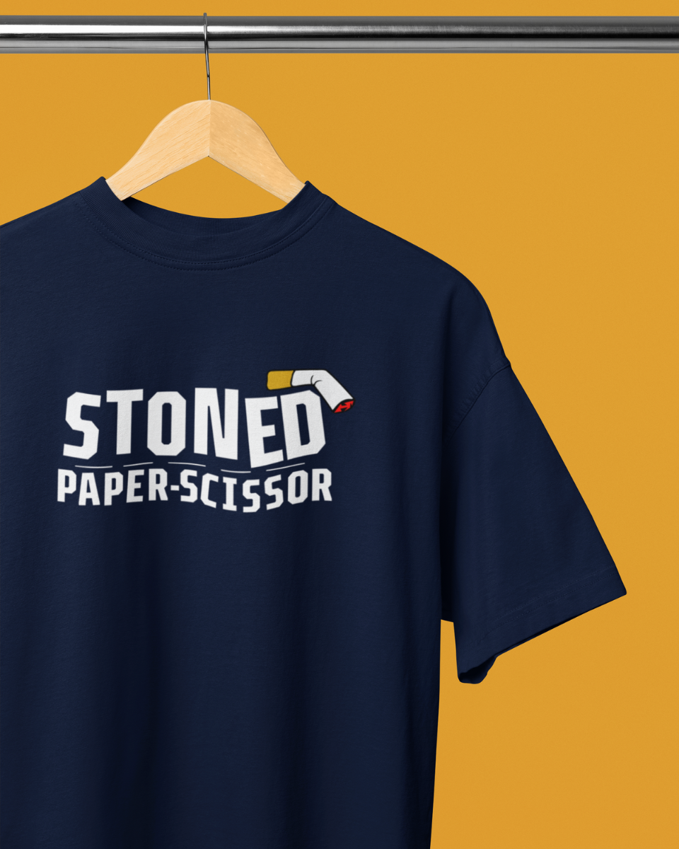 Men's Dark Blue Stoned Paper Scissor Graphic Oversized T-Shirt