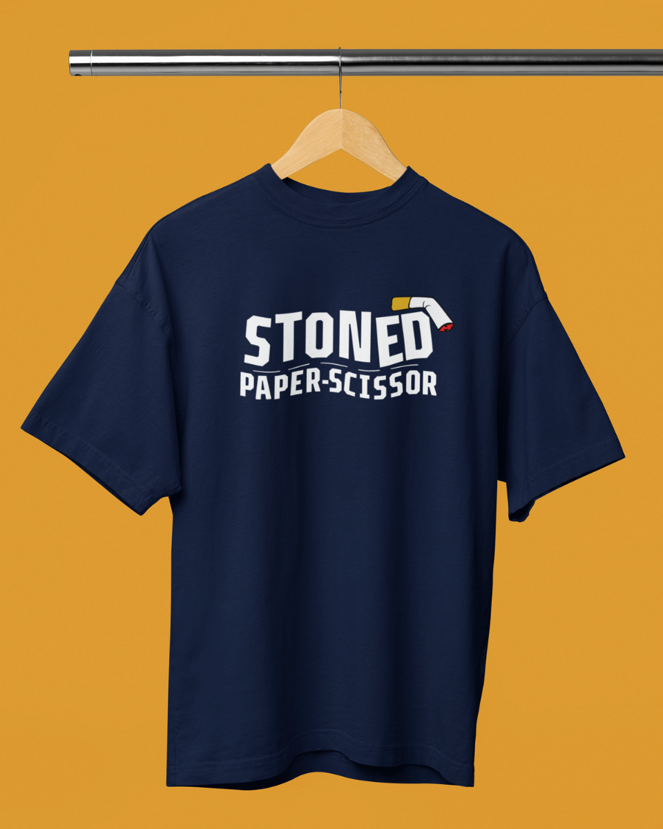 Men's Dark Blue Stoned Paper Scissor Graphic Oversized T-Shirt