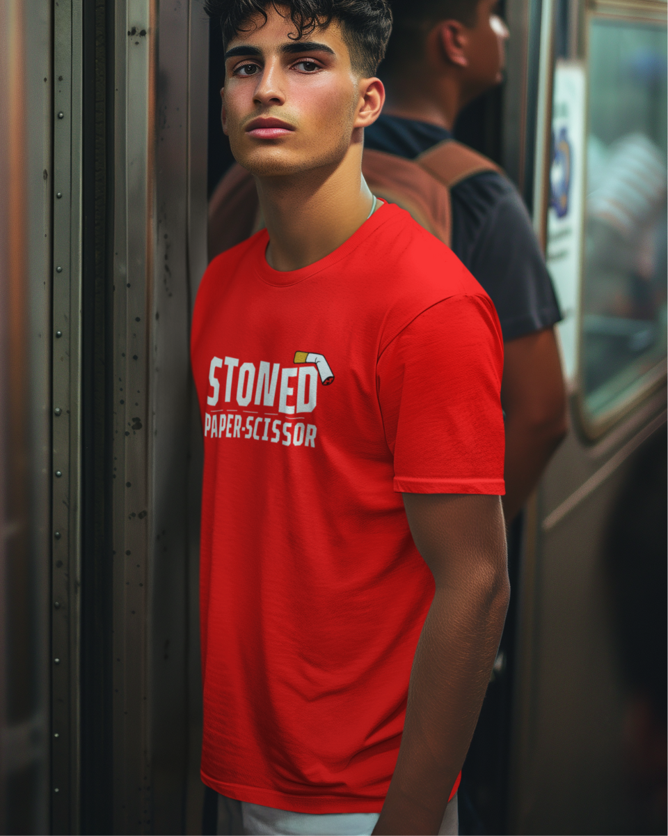 Men's Red Stoned Paper Scissor Graphic Printed T-Shirt