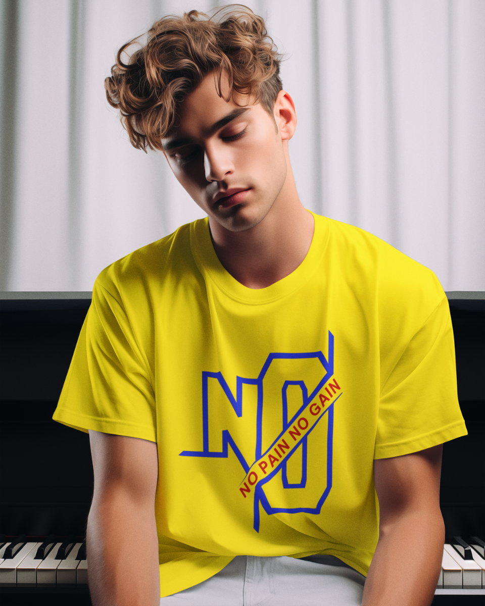 Men's Yellow No Pain No Gain Graphic Printed T-Shirt