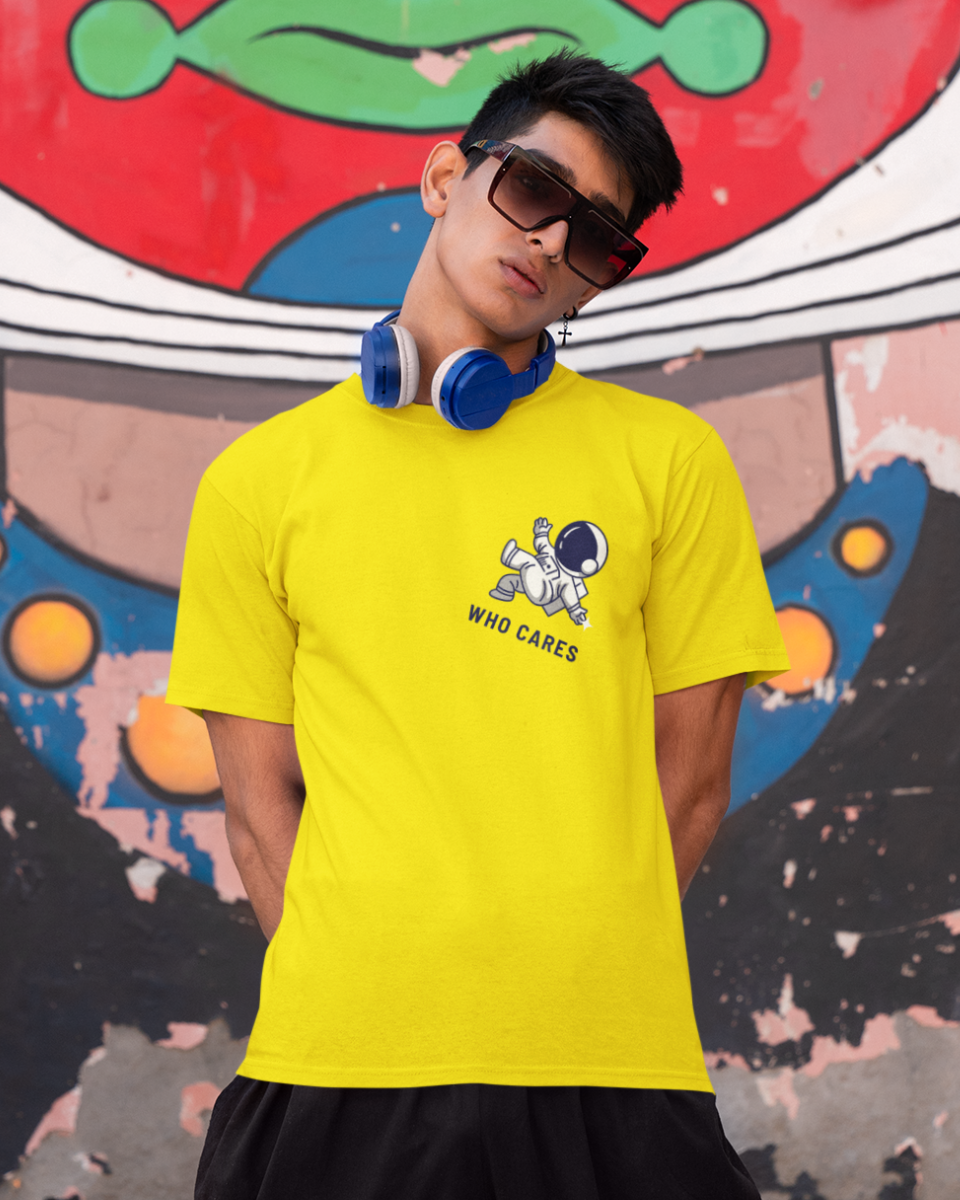 Men's Yellow Who Cares Graphic Printed T-Shirt