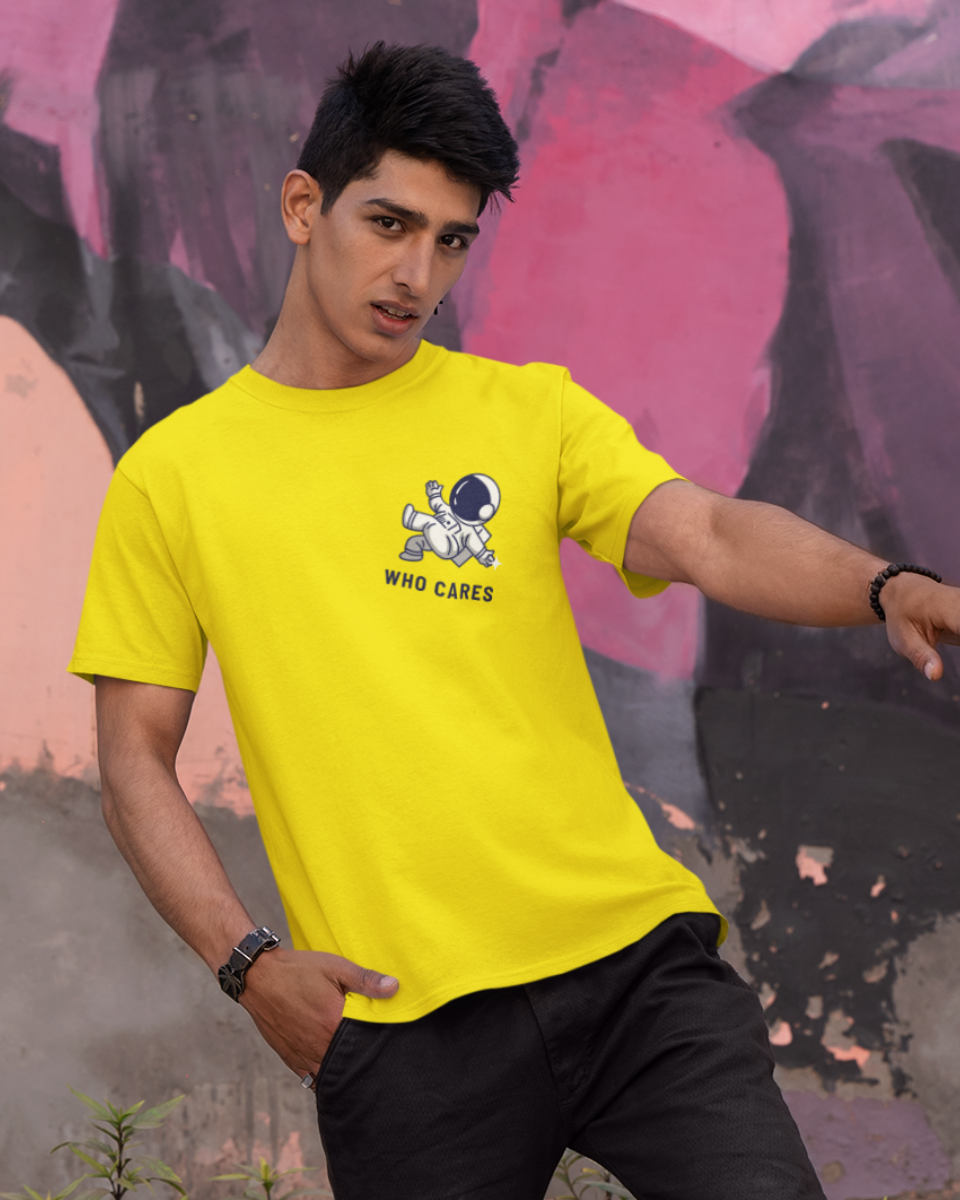 Men's Yellow Who Cares Graphic Printed T-Shirt