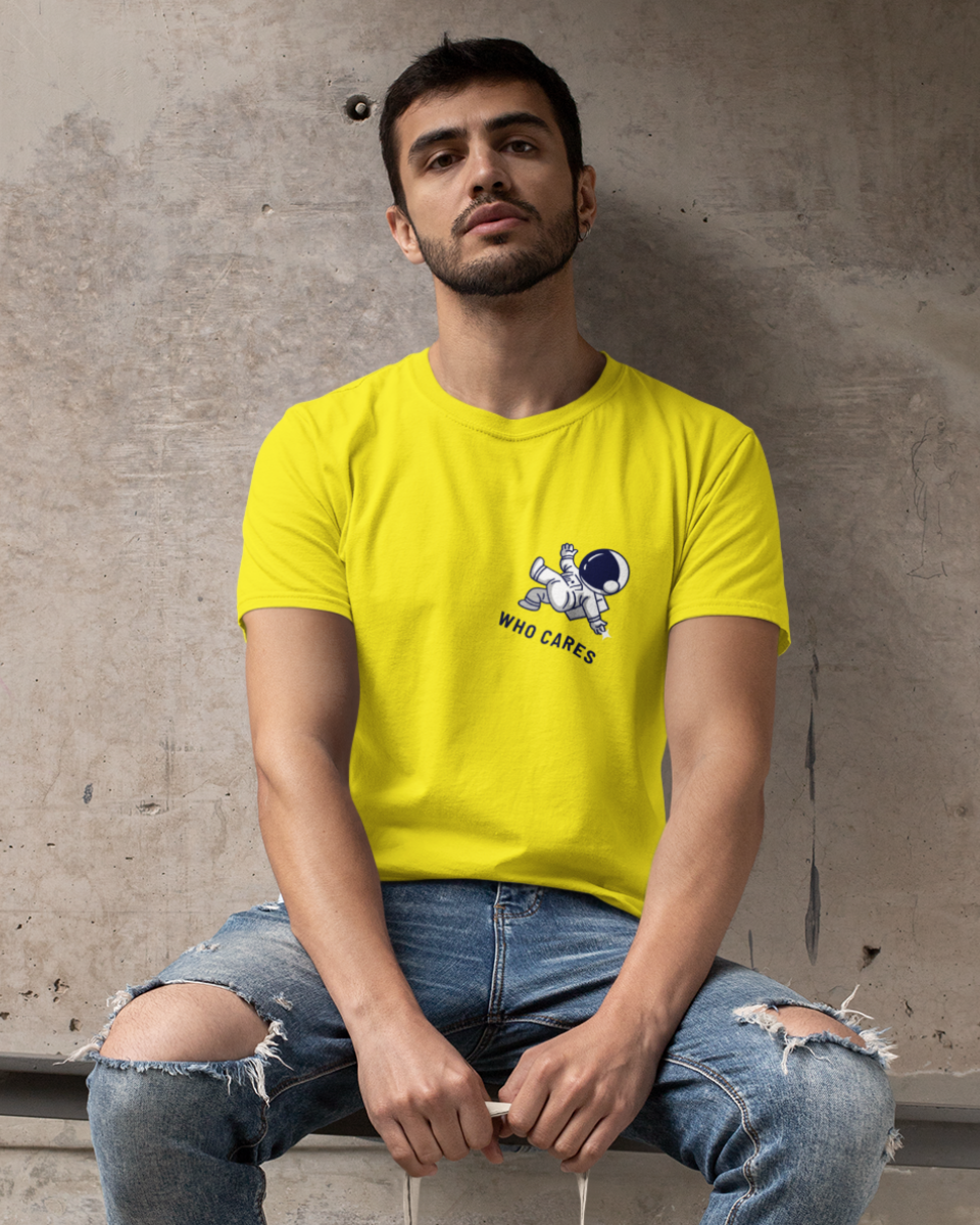 Men's Yellow Who Cares Graphic Printed T-Shirt
