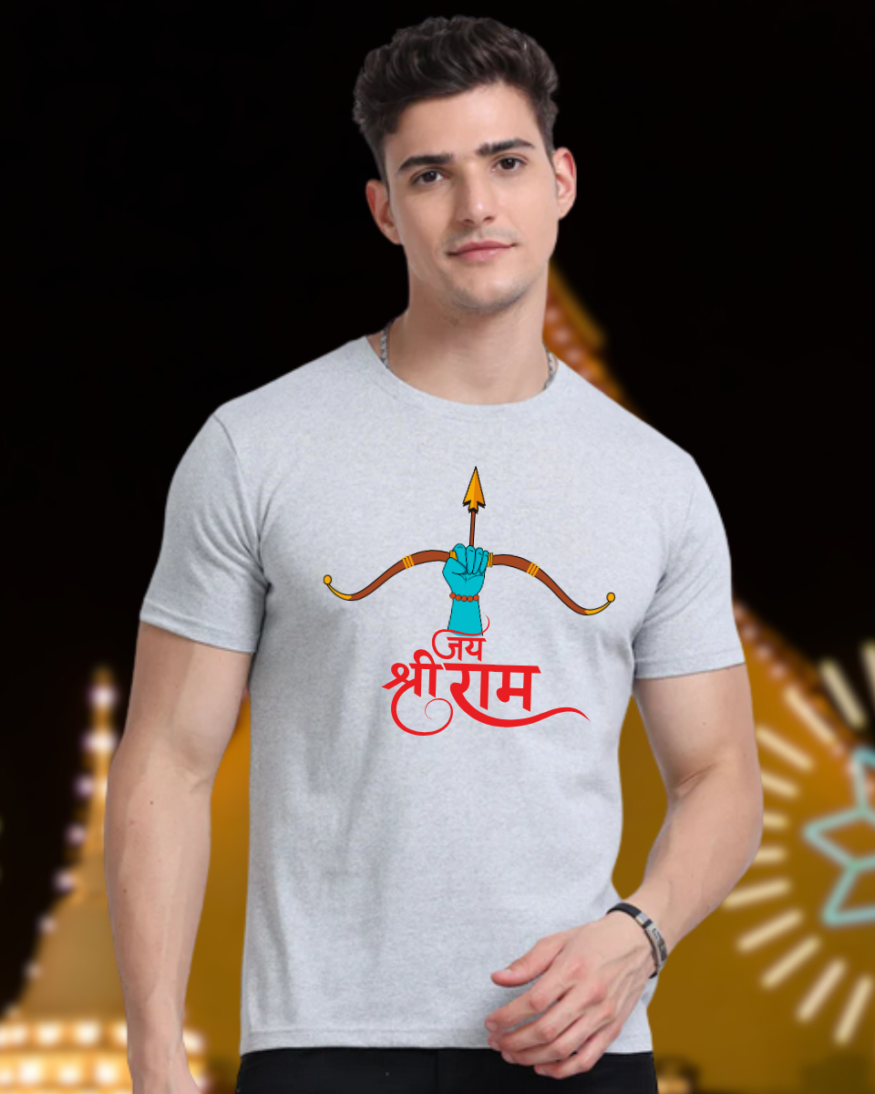 Ramnavami Grey Melange T-Shirt With Jai Shree Ram Graphic
