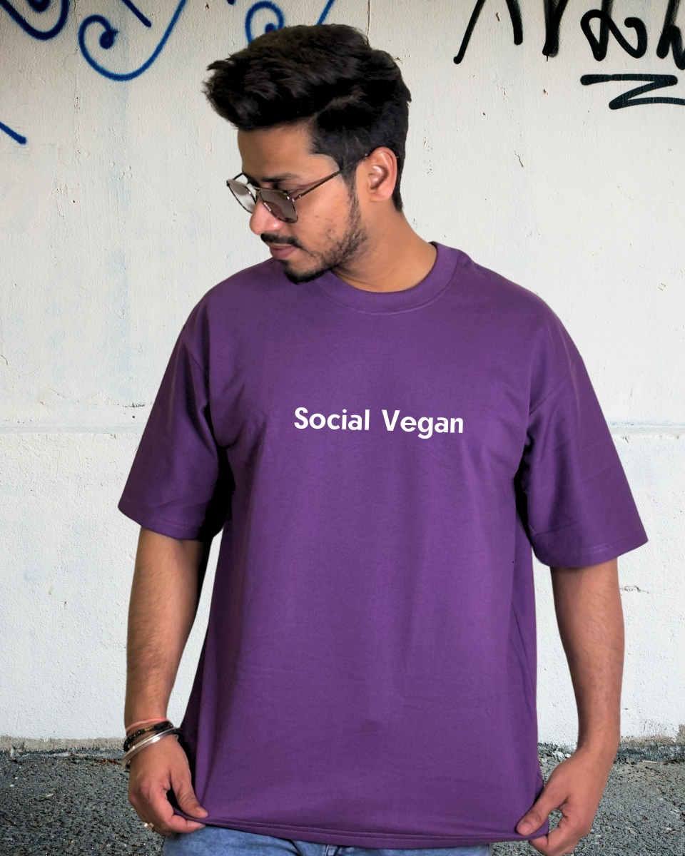 Men's Purple Social Vegan Graphic Oversized T-Shirt