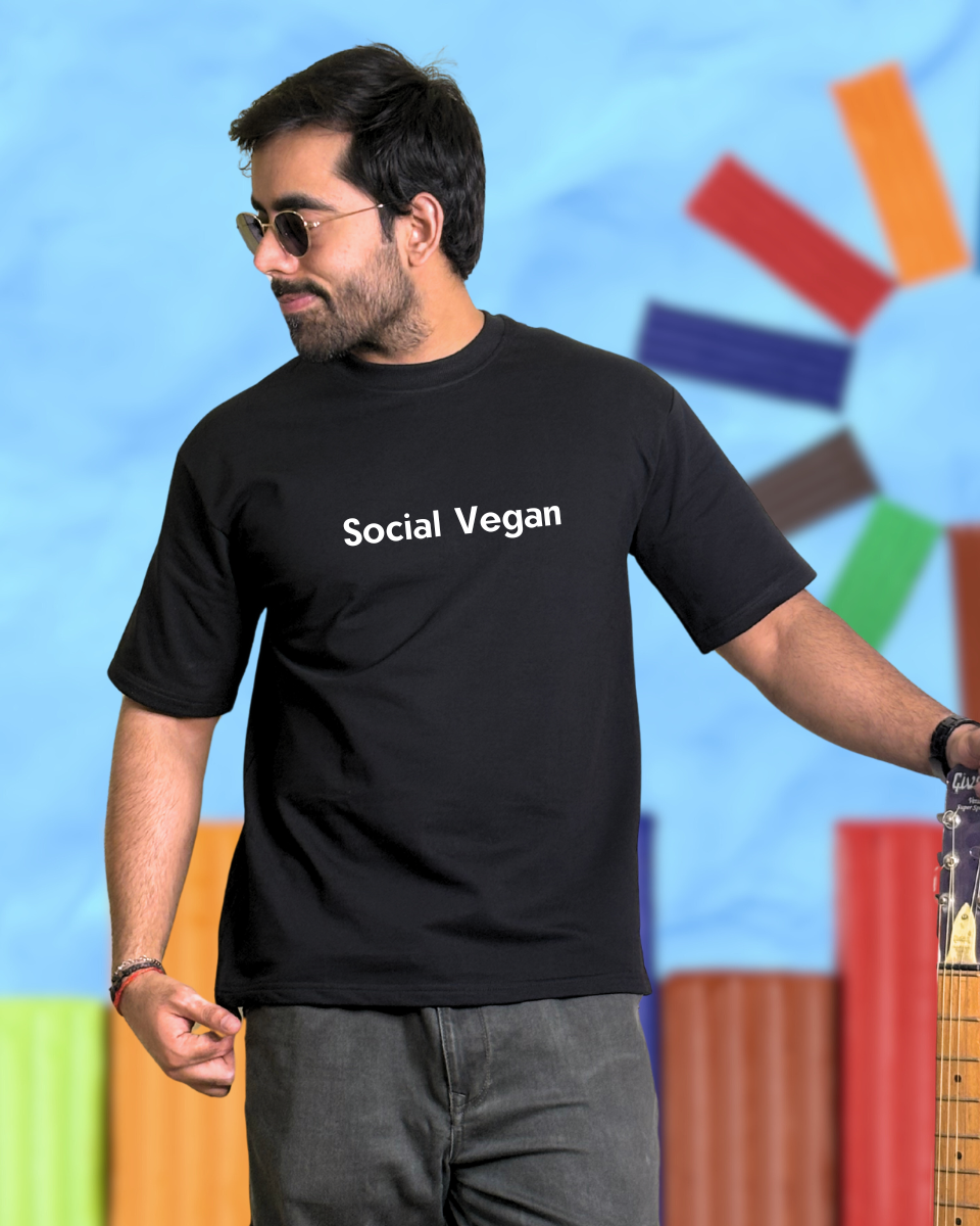 Men's Black Social Vegan Graphic Oversized T-Shirt