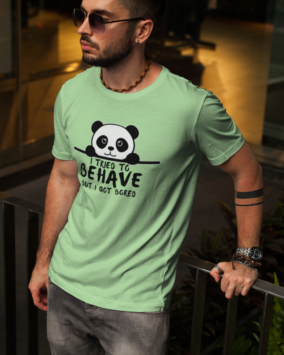Men's Light Green Panda Behave Graphic Printed T-Shirt