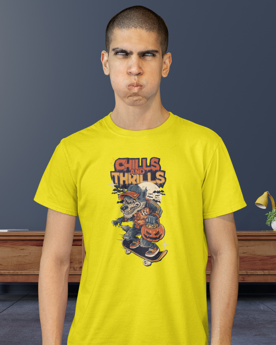 Men's Yellow Chills & Thrills Graphic Printed T-Shirt