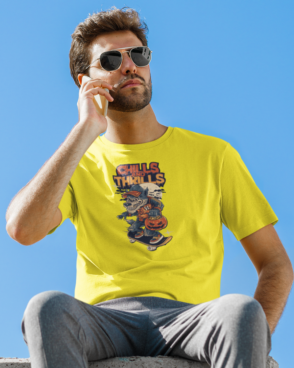 Men's Yellow Chills & Thrills Graphic Printed T-Shirt