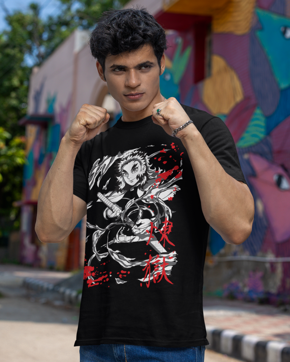 Men's Black Demon Slayer Black Red Graphic Printed T-Shirt