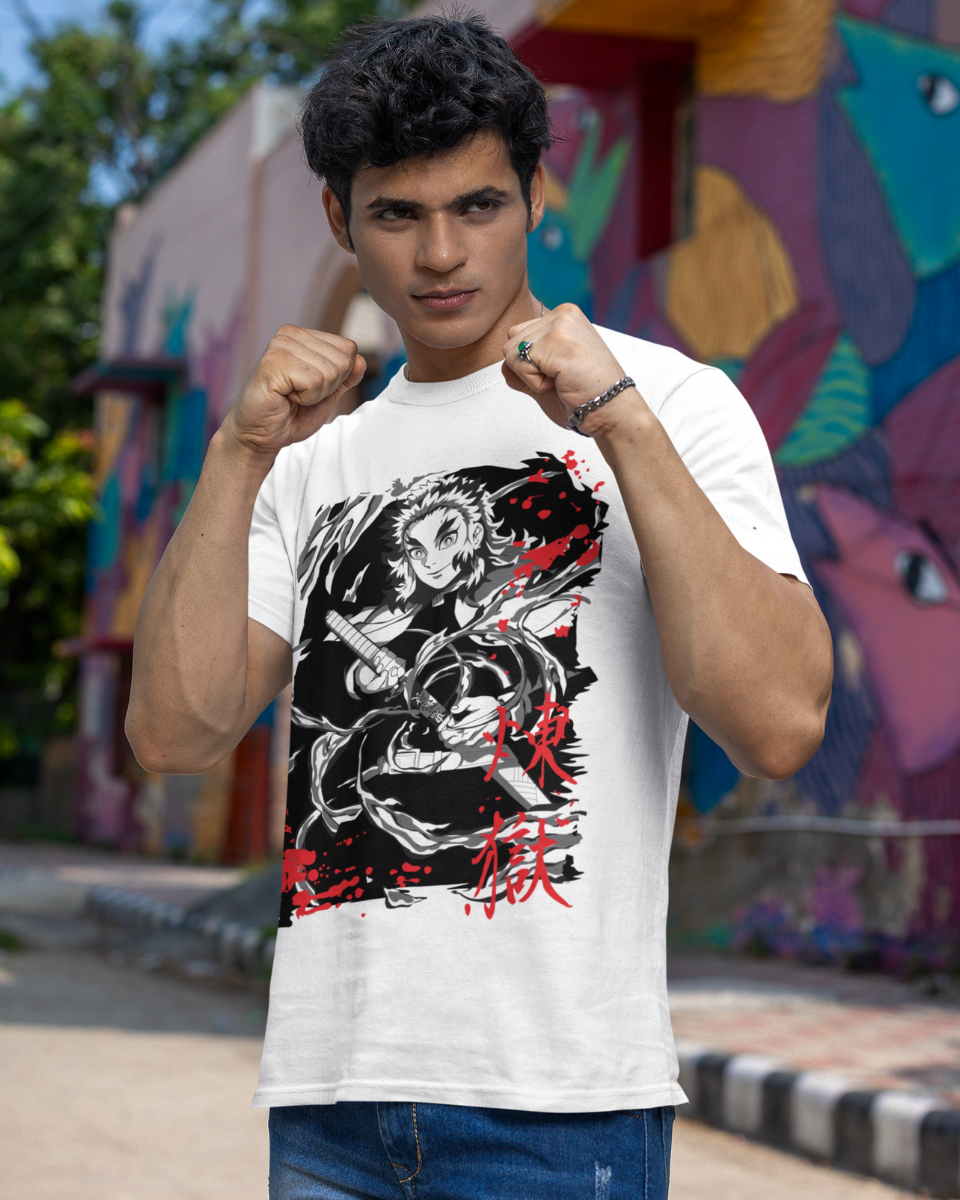 Men's White Demon Slayer Black Red Graphic Printed T-Shirt