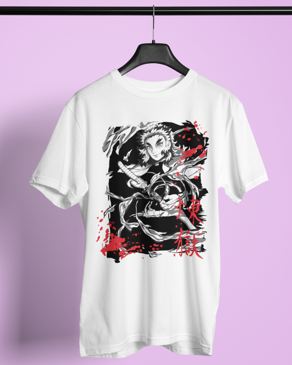 Men's White Demon Slayer Black Red Graphic Printed T-Shirt