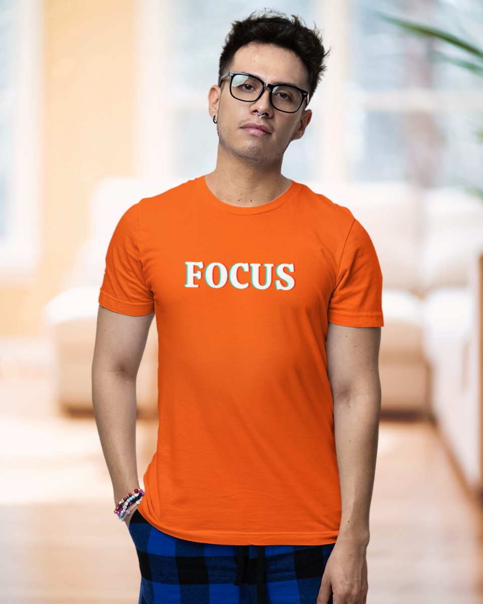 Men's Orange FOCUS Graphic Printed T-Shirt