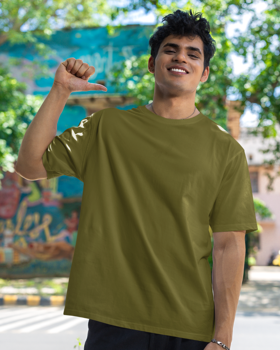 Men's Moss Green Solid Graphic Oversized T-Shirt