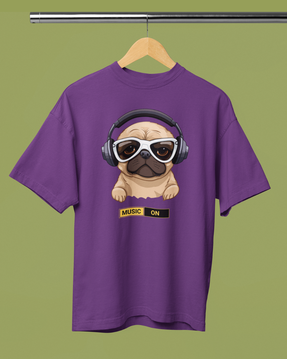 Men's Plum Purple Music ON Graphic Oversized T-Shirt