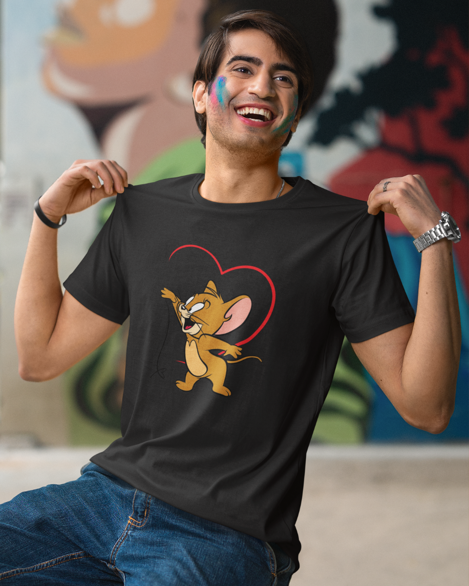 Men's Black Playful Jerry Graphic Printed T-Shirt