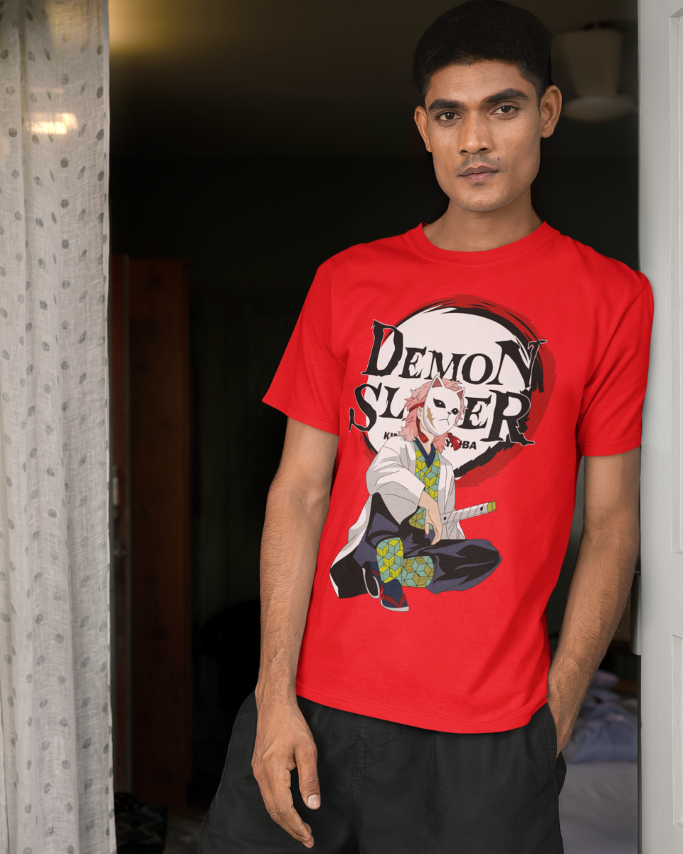 Men's Red Demon Slayer Graphic Printed T-Shirt