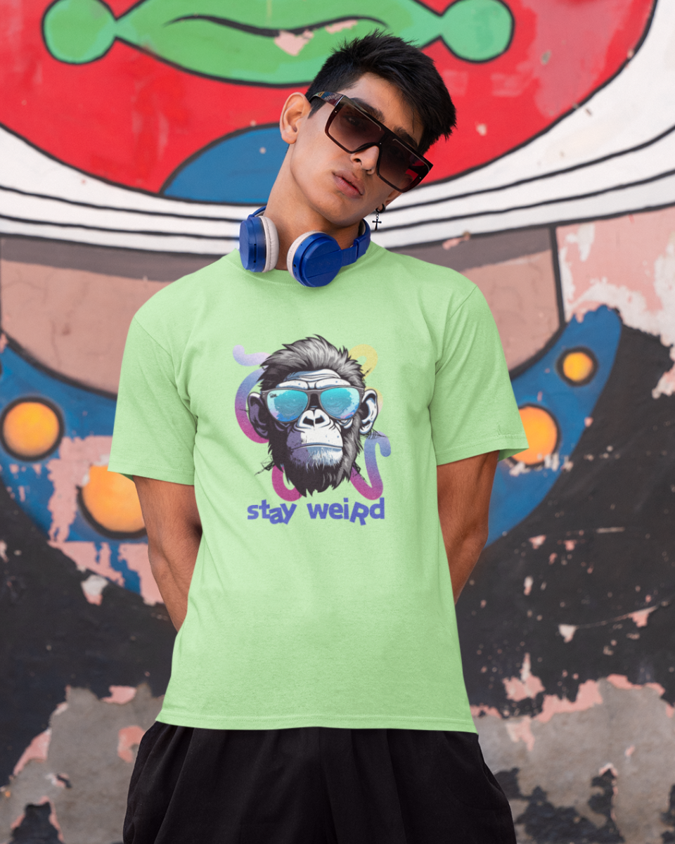 Men's Light Green Stay Weird Graphic Printed T-Shirt