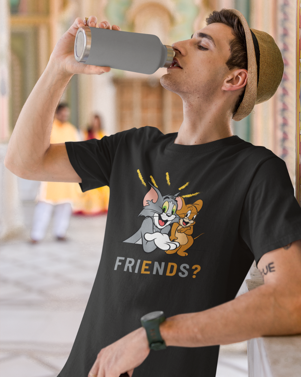Men's Black Tom & Jerry Friends Graphic Printed T-Shirt