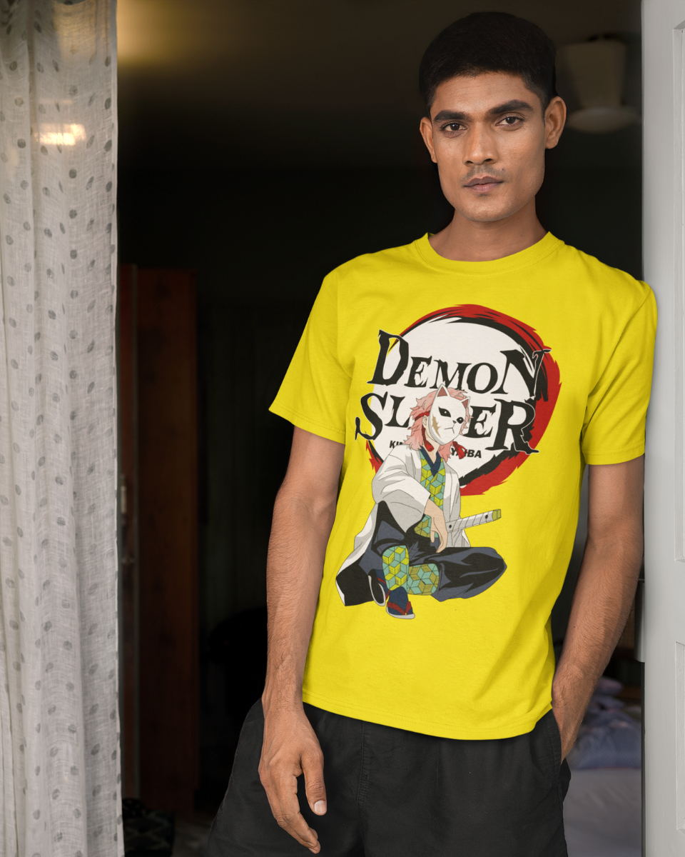 Men's Yellow Demon Slayer Graphic Printed T-Shirt