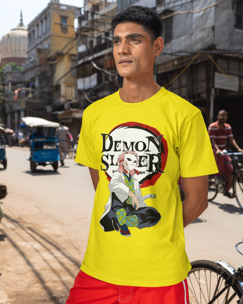 Men's Yellow Demon Slayer Graphic Printed T-Shirt