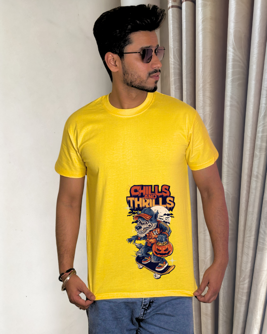 Men's Yellow Chills & Thrills Skull Graphic Printed T-Shirt