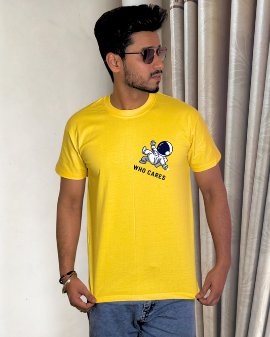 Men's Yellow Who Cares Graphic Printed T-Shirt