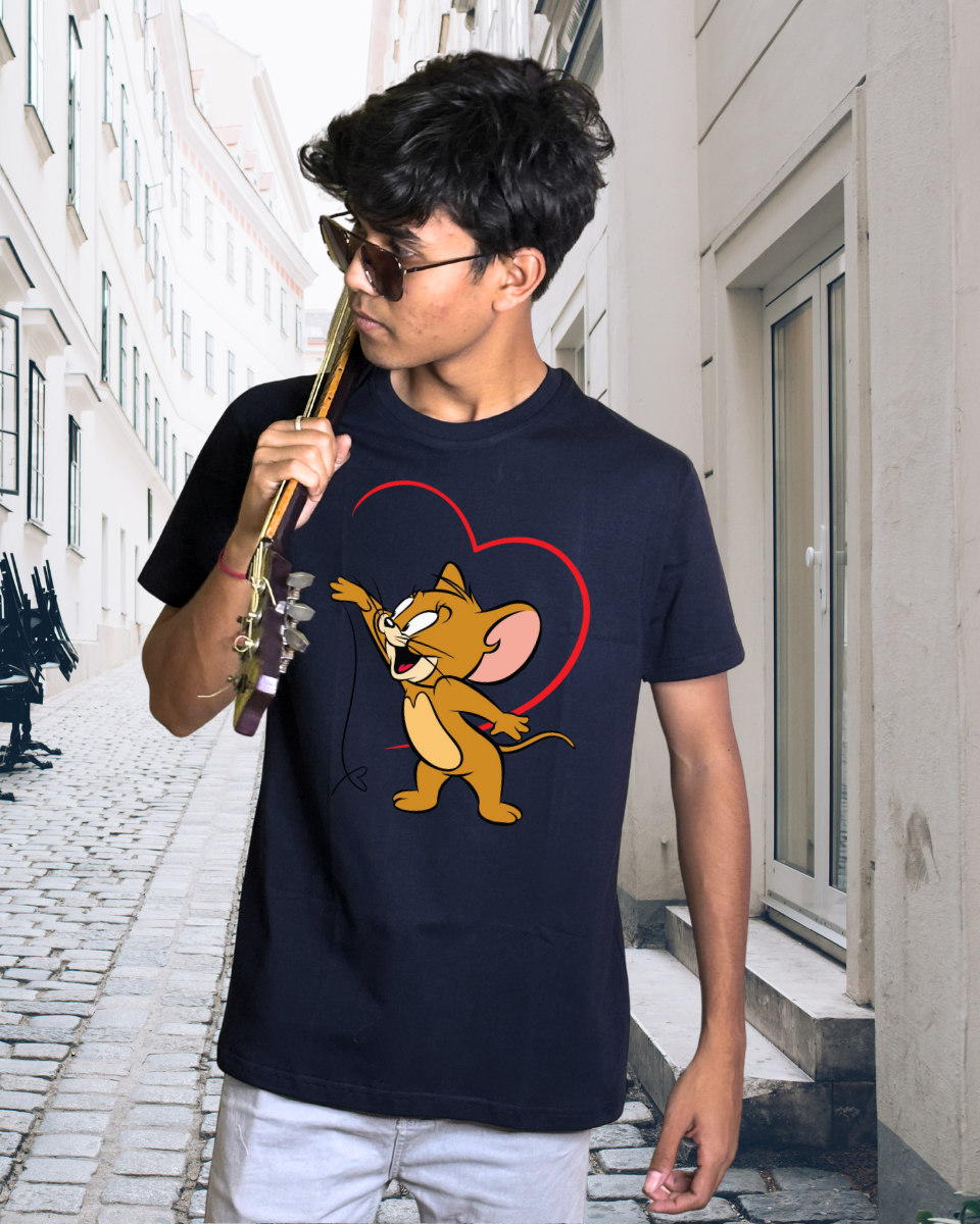 Men's Dark Blue Playful Jerry with Heart Graphic Printed T-Shirt