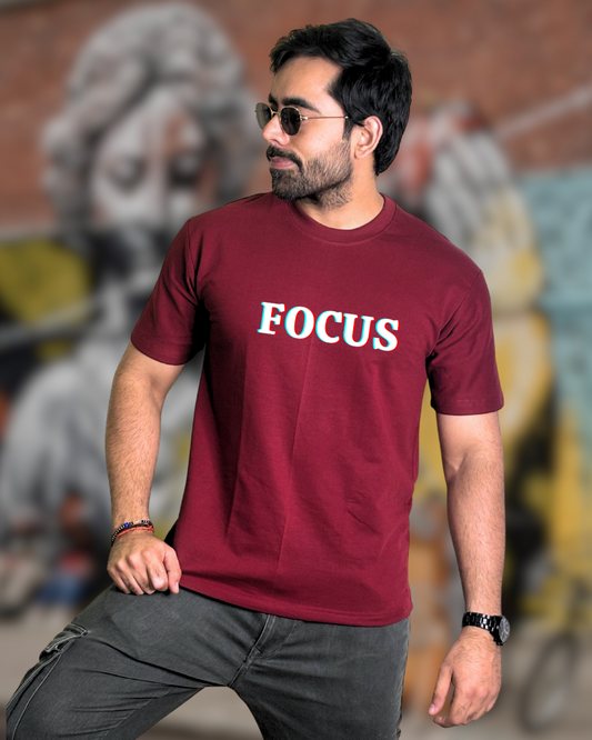 Men's Maroon FOCUS Typoghraphy Oversized T-Shirt