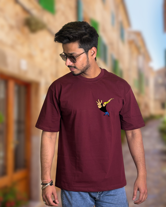 Men's Maroon Johnny Bravo Graphic Oversized T-Shirt