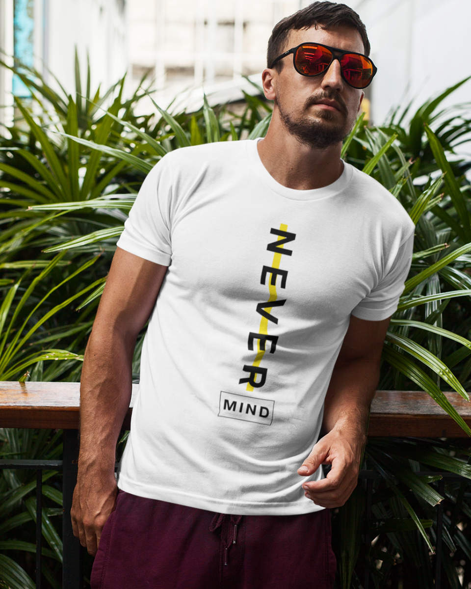 Men's White Never Mind Graphic Printed T-Shirt, 2N APPAREL