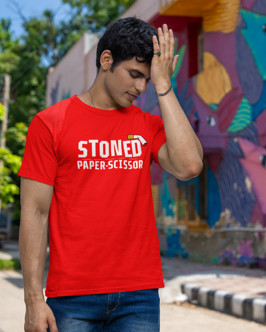 Men's Red Stoned Paper Scissor Graphic Printed T-Shirt