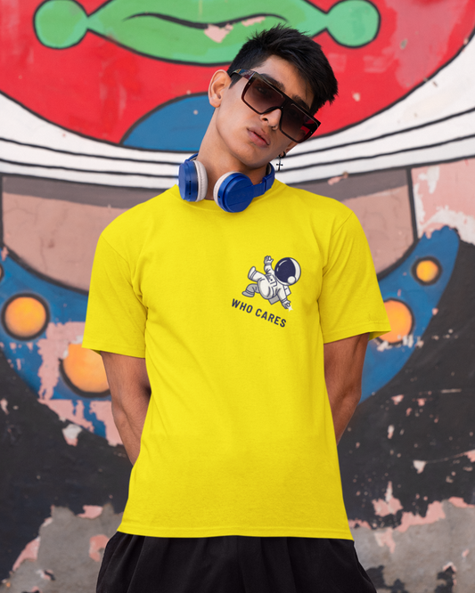 Men's Yellow Who Cares Graphic Printed T-Shirt
